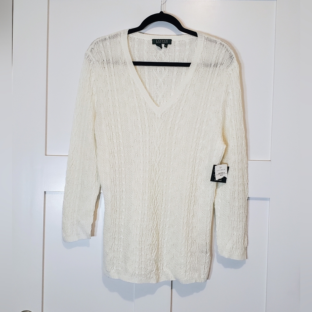 Lauren Ralph Lauren Linen Cable Knit V Neck Lightweight Sweater White XL NEW